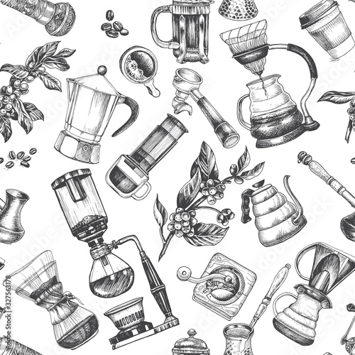 Illustration with an alternative way of brewing coffee. Alternative coffee brewing methods sketch.