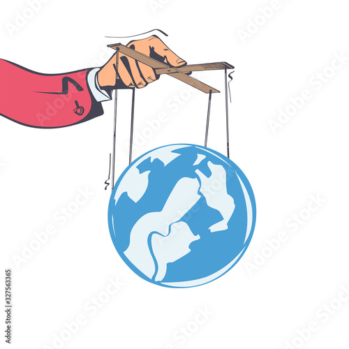Planet control. Conspiracy theory. Man holds the planet on the ropes, manipulation concept. Vector illustration sketch design. Isolated on white background. Manipulation earth.