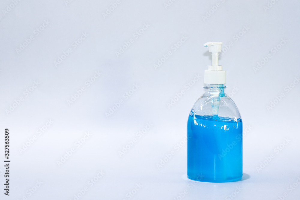 hand gel alcohol, hand sanitizer in pump bottle with hands and white background.