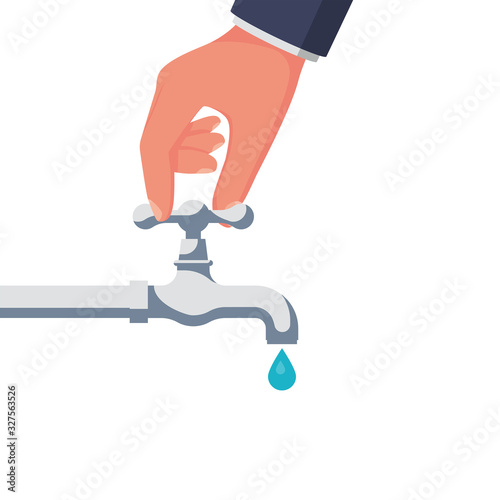 A person opens or closes a water tap. Clean, eco-friendly drinking water. Hand and crane. Save water icon. Vector illustration flat design. Isolated on white background. Care for saving resources.