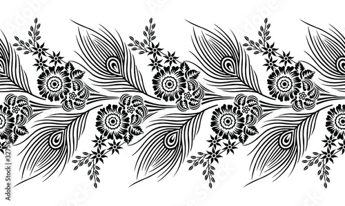 Seamless black and white peacock feather border with flowers