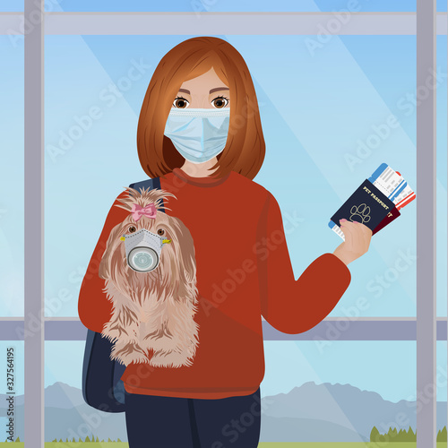 Airport waiting room, girl and her dog in medical masks. Terminal interior, panoramic window, airplane. Vector illustration.