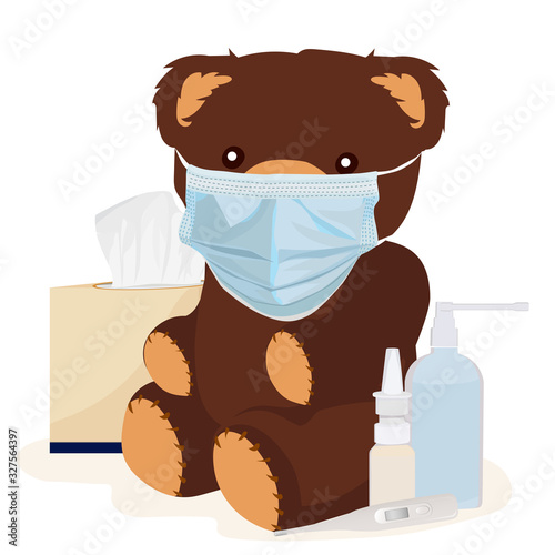 Teddy bear is sick. Medicines. Teddy bear wearing medical mask. Vector illustration.