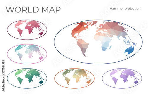 Low Poly World Map Set. Hammer projection. Collection of the world maps in geometric style. Vector illustration.