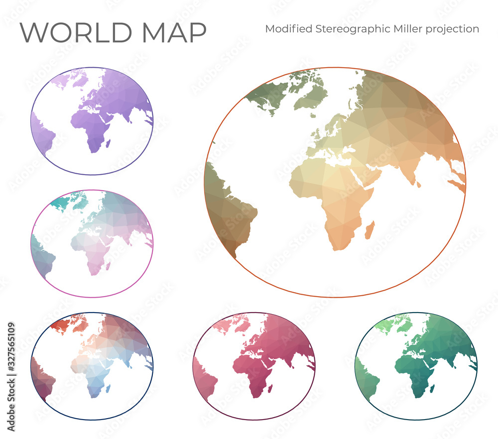 Low Poly World Map Set. Modified stereographic projection for Europe and Africa. Collection of the world maps in geometric style. Vector illustration. Low Poly World Map Set. Modified stereographic projection for Europe and Africa. Collection of the world maps in geometric style. Vector illustration.