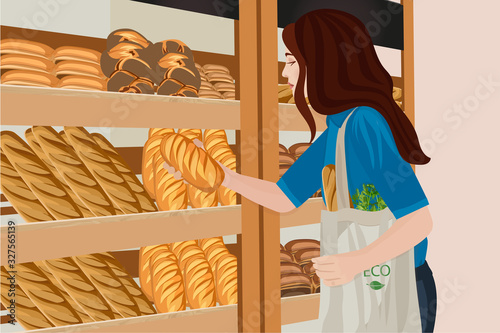Woman is choosing bread in bakery section in supermarket. Reusable eco bag for shopping. Zero waste concept. Vector illustration.