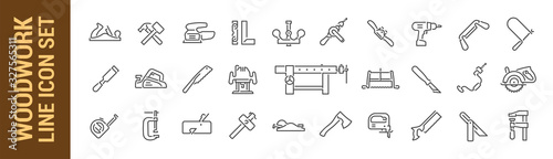 Woodworking vector isolated line icon set. Carpenter tools