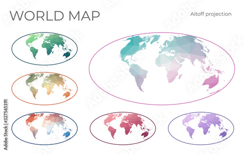 Low Poly World Map Set. Aitoff projection. Collection of the world maps in geometric style. Vector illustration.