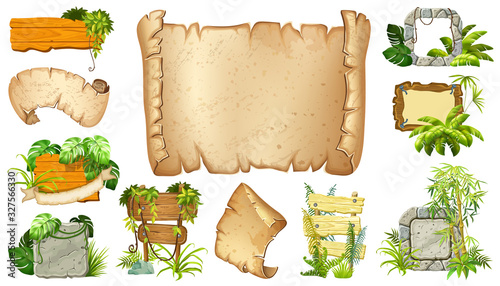 Set cartoon paper, wooden and stone panels with space for message. Isolated games elements with tropical lianas, rocks and boards. Vector illustration on white background.
