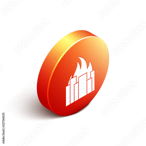 Isometric Fire in burning buildings on city street icon isolated on white background. Destroyed city on fire. Orange circle button. Vector Illustration