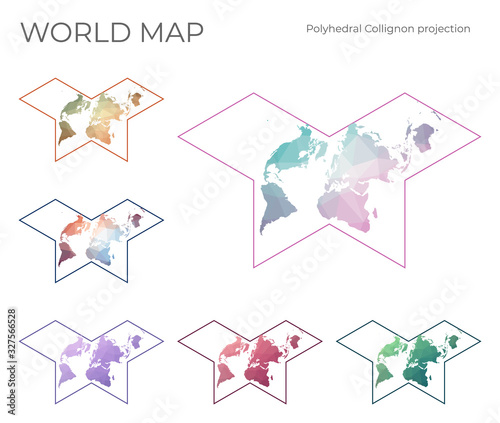 Low Poly World Map Set. Collignon butterfly projection. Collection of the world maps in geometric style. Vector illustration. photo