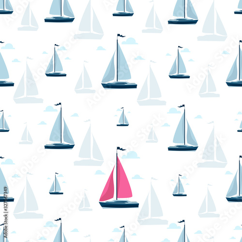 Sailboat background. Yacht club. Sailboat side view. Seamless pattern. Luxury yacht racing, ocean, sailing regatta vector illustration. Sea travel around the world, yacht racing.