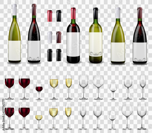 Full and empty wine glasses. Red and white wine bottles.