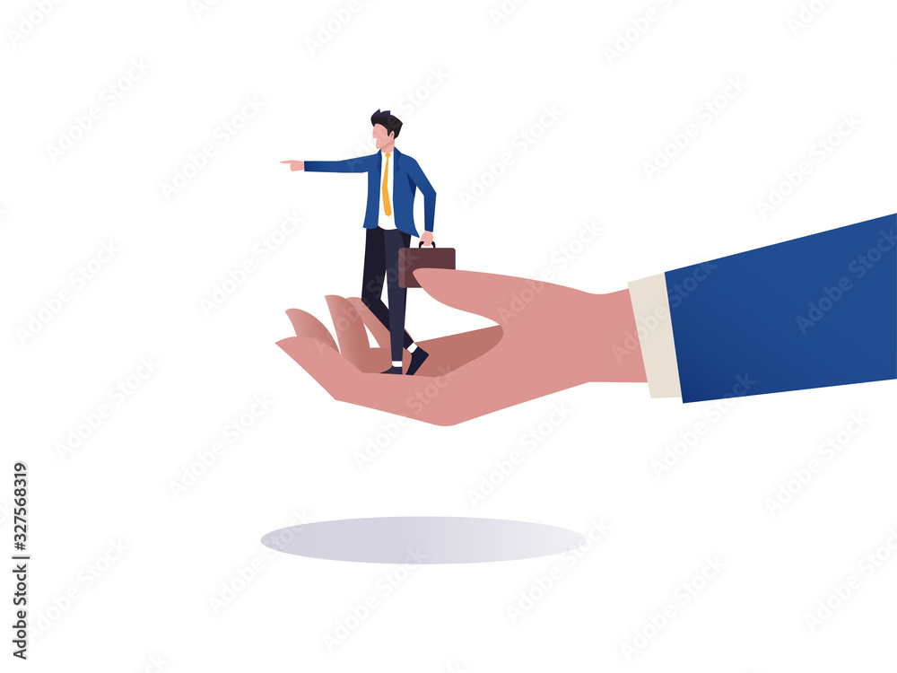 Leadership in business management, vision to success or career development concept, confident businessman holding suitcase pointing finger to the bright future with vision standing in empower hand.