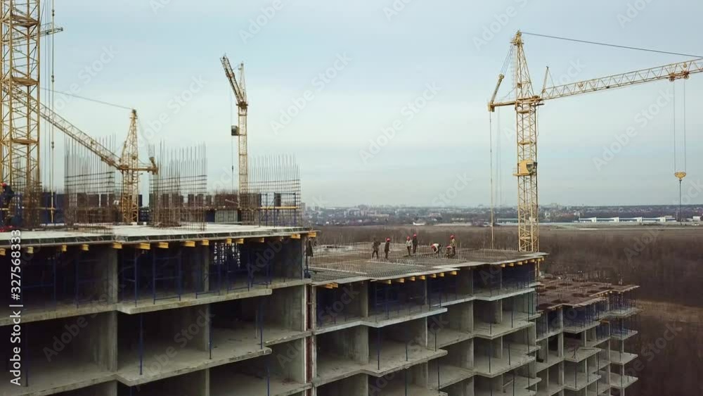 cranes, Construction top view, builders at height cranes, Construction top view, builders at height