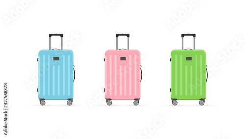 Vector set cartoon flat illustration of colorful suitcases isolated on white background. Blue, pink and green luggage travel bags with wheels. Modern polycarbonate suitcases for design, flyer, card.