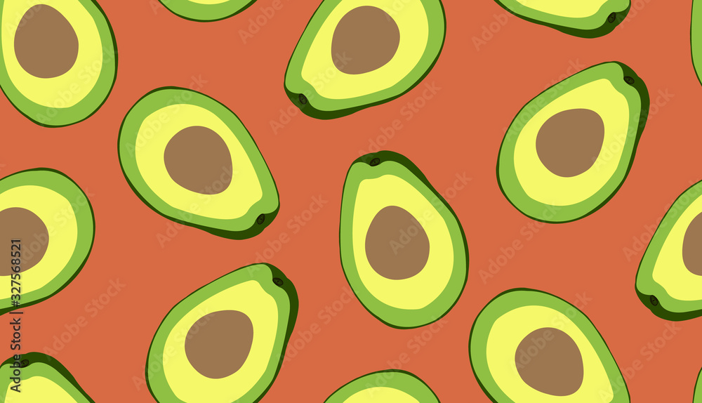 Avocados on orange background - seamless pattern. Avocados on orange background - seamless pattern.