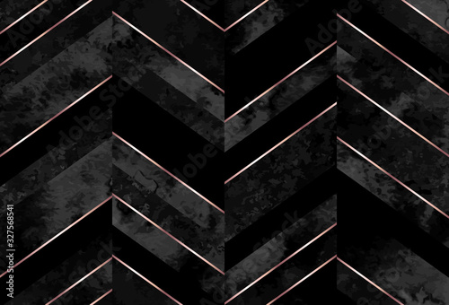 Seamless abstract zigzag geometric pattern with gray watercolor and rose gold lines on black background