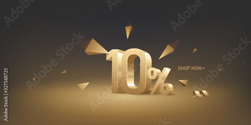 10 percent off discount sale background. 3D golden numbers with percent sign and arrows. Promotion template design.