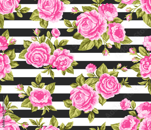 Seamless floral pattern with pink roses and peony flowers on black stripes background