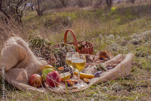 picnic fruits and wine, nuts, apples, grapes, forest glade