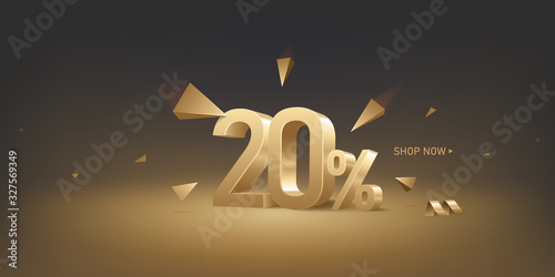 20 percent off discount sale background. 3D golden numbers with percent sign and arrows. Promotion template design.