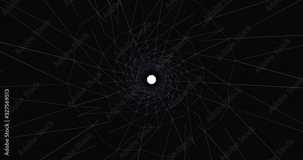 Tunnel seamless in wireframe. Into a tunnel designed with wireframe polygon. Low poly footage wire grid cyberspace example. Vintage style tunnel as retrogaming arcade scenario. 80's background sci-fi