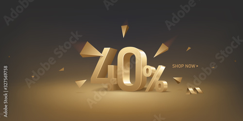 40 percent off discount sale background. 3D golden numbers with percent sign and arrows. Promotion template design.