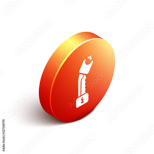 Isometric Police electric shocker icon isolated on white background. Shocker for protection. Taser is an electric weapon. Orange circle button. Vector Illustration