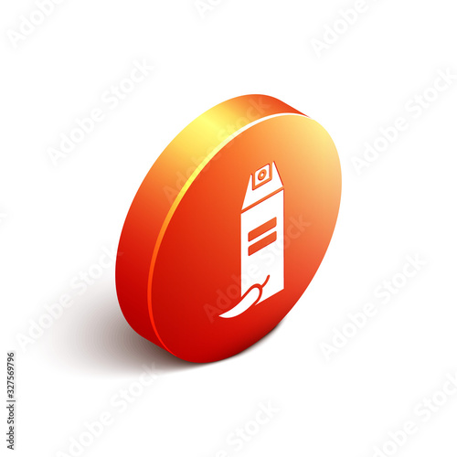 Isometric Pepper spray icon isolated on white background. OC gas. Capsicum self defense aerosol. Orange circle button. Vector Illustration