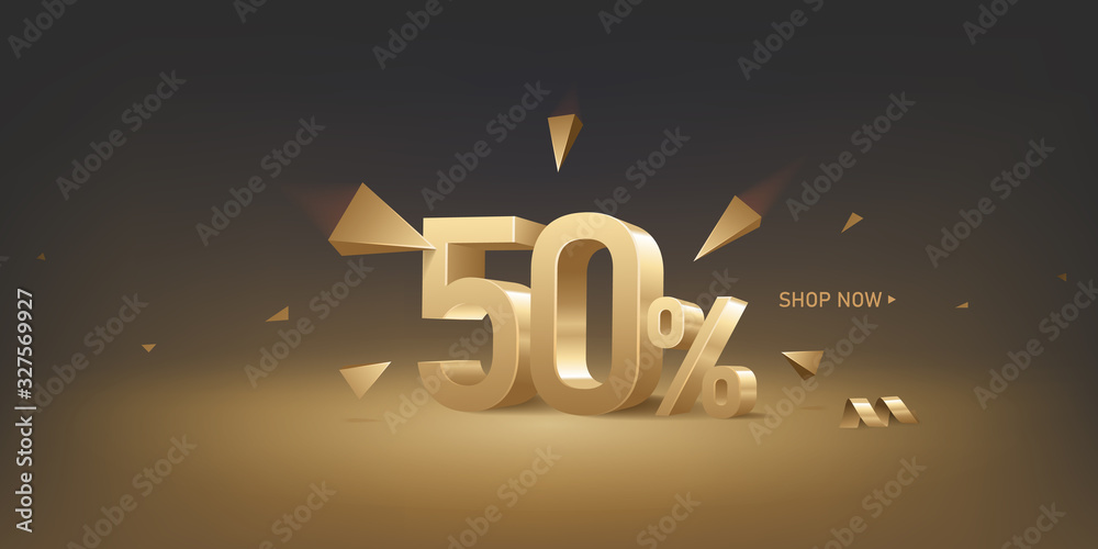  50 percent off discount sale background. 3D golden numbers with percent sign and arrows. Promotion template design.