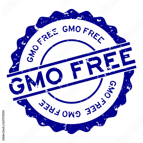 Grunge blue gmo free word round rubber seal stamp on white background