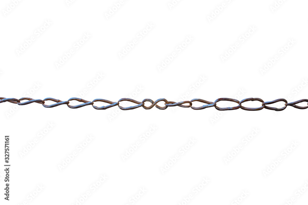 Old metal chain and infinity sign. Horizontal view. Close-up. Isolated object on a white background. Isolate. Old metal chain and infinity sign. Horizontal view. Close-up. Isolated object on a white background. Isolate.