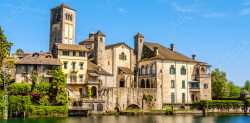 horizontal background of italy village web banner of Piedmont region Orta Lake Novara province 