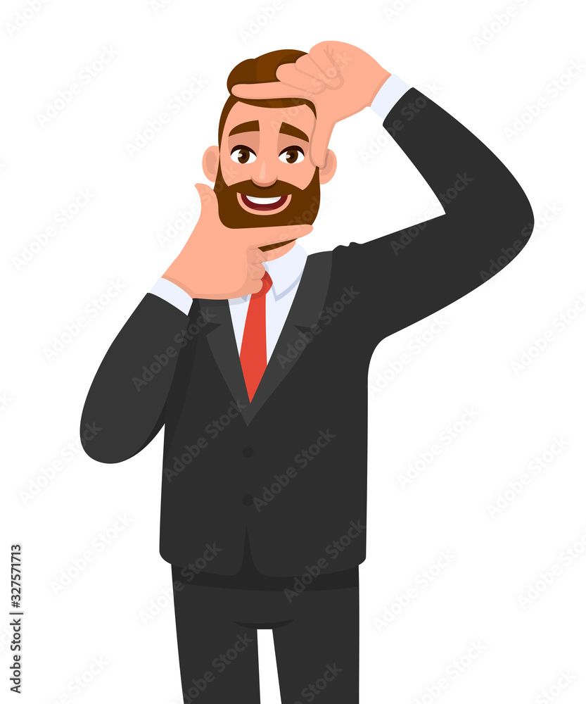 Trendy bearded young businessman making frame gesture with hands and fingers. Hipster person showing or framing his face or photograph. Male character illustration. Modern lifestyle in vector cartoon. Trendy bearded young businessman making frame gesture with hands and fingers. Hipster person showing or framing his face or photograph. Male character illustration. Modern lifestyle in vector cartoon.
