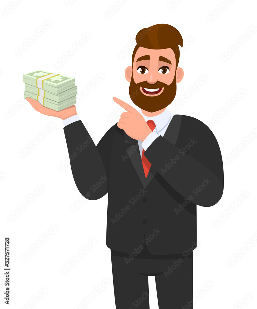Young businessman holding cash, money or currency notes in hand and pointing finger. Trendy person showing bunch of banknotes or dollar. Male character illustration, financial in vector cartoon style. Young businessman holding cash, money or currency notes in hand and pointing finger. Trendy person showing bunch of banknotes or dollar. Male character illustration, financial in vector cartoon style.