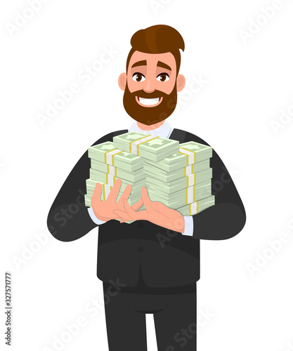 Young business man holding bundle of cash or dollar. Person carrying  pile of money, currency notes. Male character design illustration.Business and financial concept illustration in vector cartoon.
