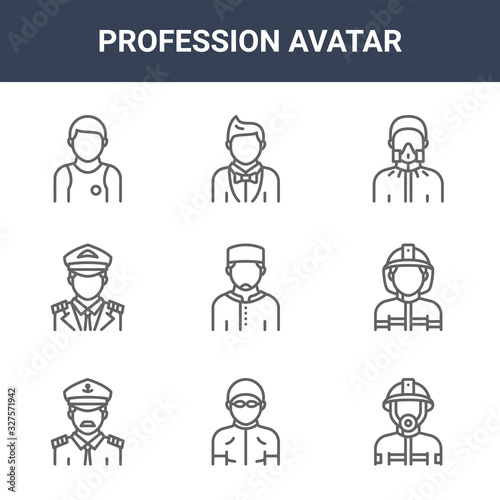9 profession avatar icons pack. trendy profession avatar icons on white background. thin outline line icons such as firefighter, firefighter, showman . profession avatar icon set for web and mobile.