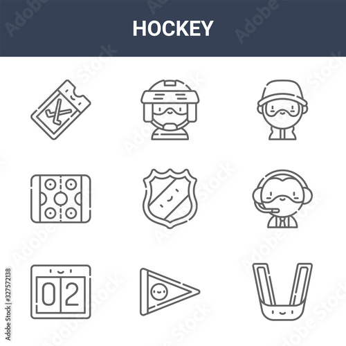 9 hockey icons pack. trendy hockey icons on white background. thin outline line icons such as mouth guard, sports announcer, hockey player . icon set for web and mobile.