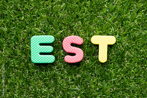 Toy foam letter in word est on green grass background