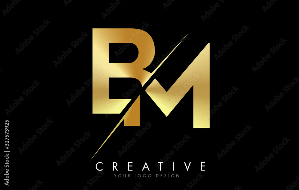 BM B M Golden Letter Logo Design with a Creative Cut.