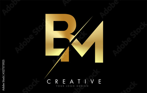 BM B M Golden Letter Logo Design with a Creative Cut.