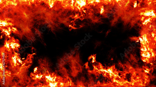 Fire burn on black background with copy space. A fiery frame surrounding the screen on black isolated background