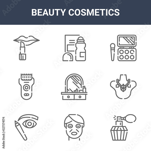 9 beauty cosmetics icons pack. trendy beauty cosmetics icons on white background. thin outline line icons such as perfume, necklace, deodorant . beauty cosmetics icon set for web and mobile.