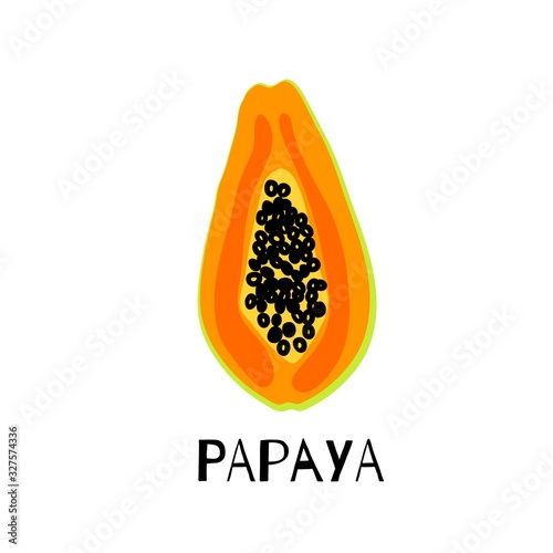 Papaya isolated on white. Great as logo, icon, packaging or label element. Colorful fruit illustration of cut raw papaya with seeds. Exotic tropical food. Vector