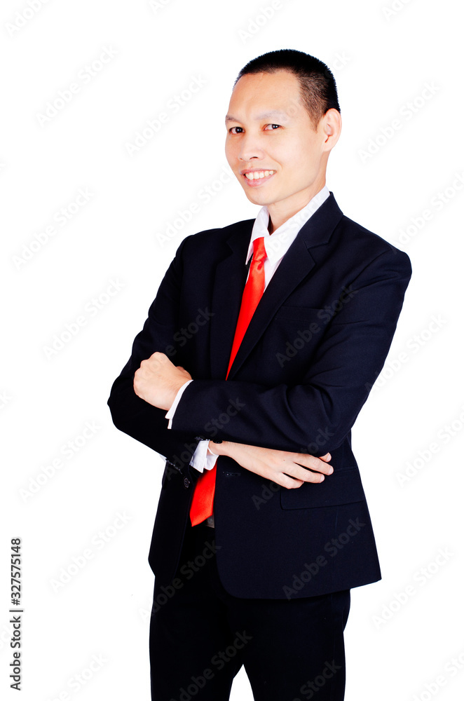 Asian business man portrait with skinhead hair style cross one's arm Isolated on white background Asian business man portrait with skinhead hair style cross one's arm Isolated on white background