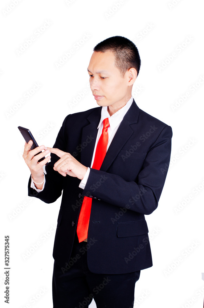 Asian Business man using smartphone Isolated on white backgrounds Asian Business man using smartphone Isolated on white backgrounds