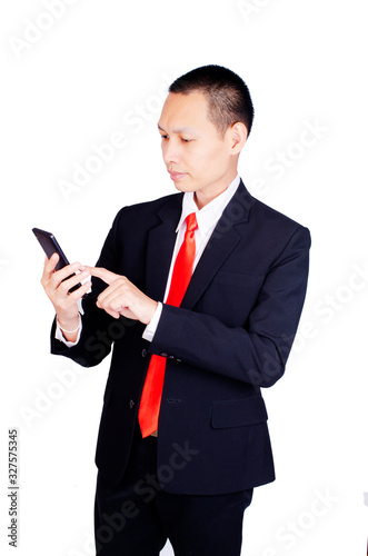 Asian Business man using smartphone Isolated on white backgrounds