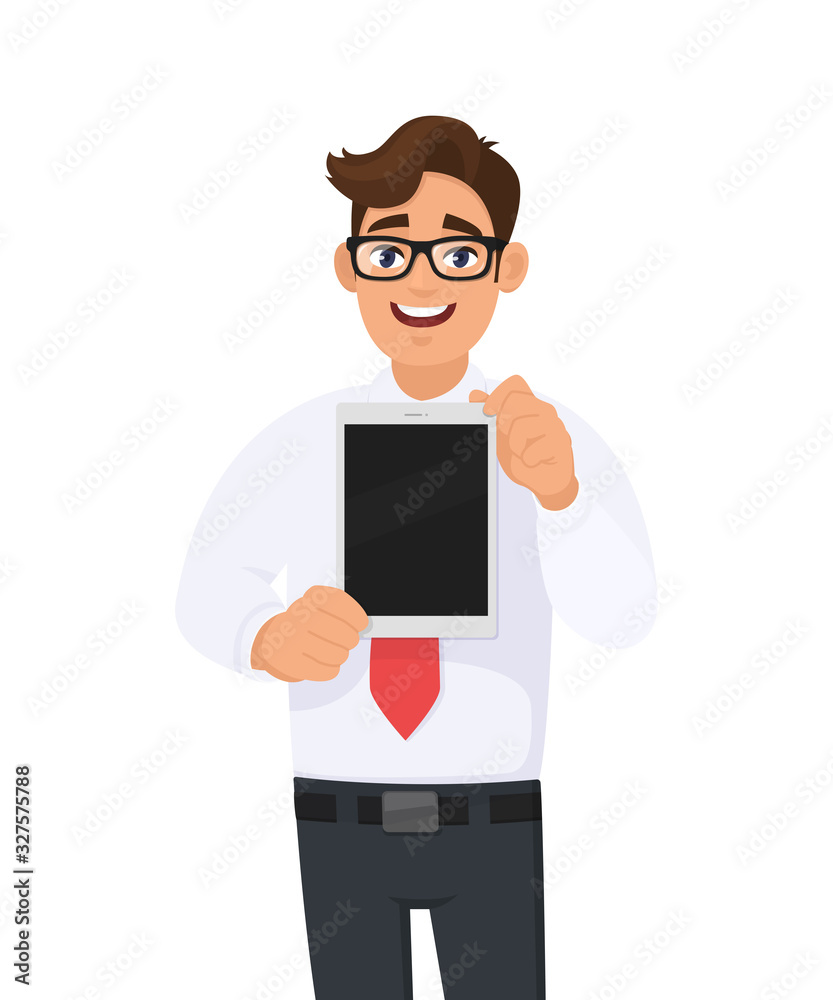 Trendy young businessman showing blank screen tablet. Smiling person holding digital empty tab. Male character design illustration. Modern lifestyle, digital technology concept in vector cartoon.