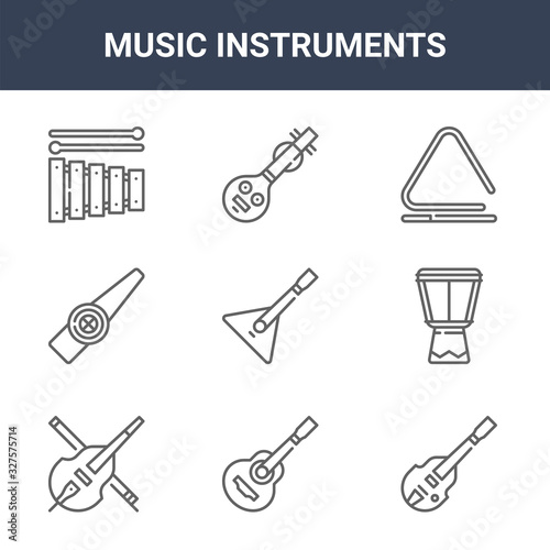 9 music instruments icons pack. trendy music instruments icons on white background. thin outline line icons such as bass, djembe, veena . music instruments icon set for web and mobile.